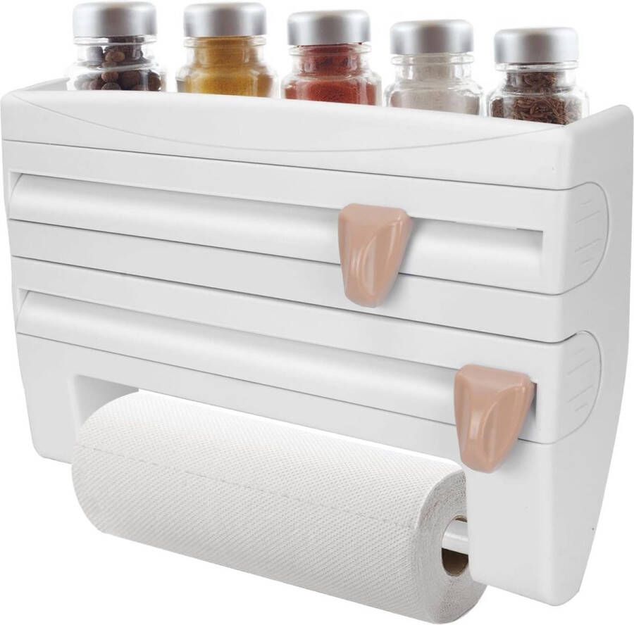 Wandvershoudfolie wandrolhouder opbergrek snijdispenser foliesnijder met plank 3 vakken snijdispenser films papierrolhouder voor folie en keukenrol tot 28 cm