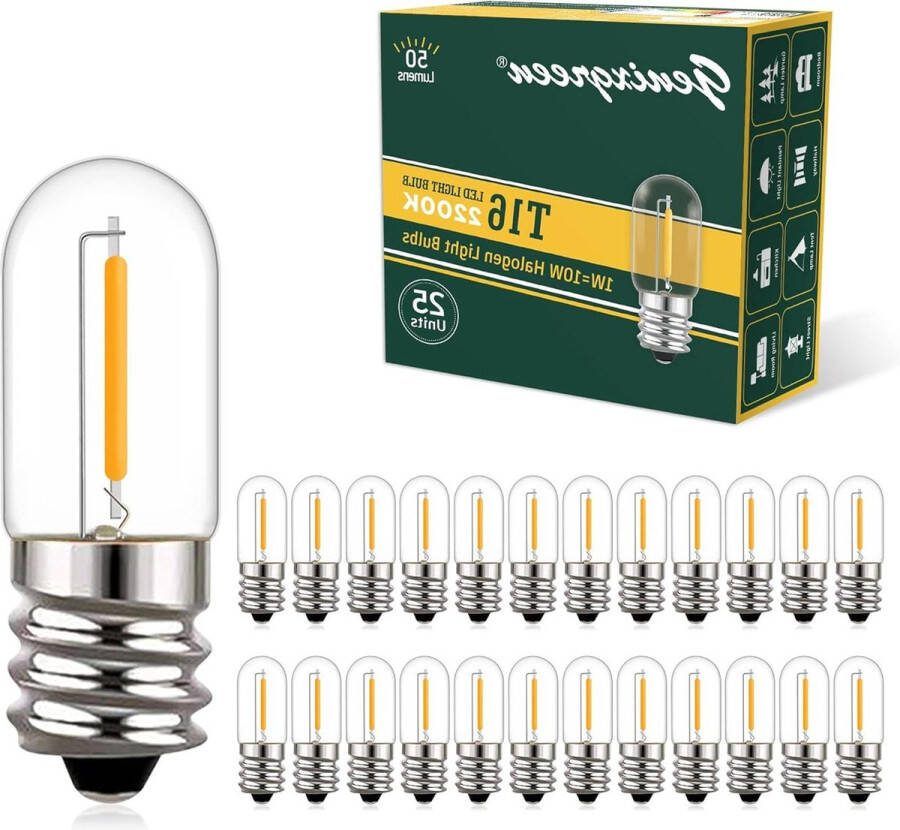 Warm wit 1W T16 Mini Tubular Bulb 10W Equivalent 2200K Koelkast Lamp Night Light Bulb voor tafel lampen zout 25 stuks LED-lampen E14 50Lm niet dimbaar