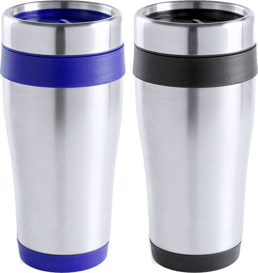 Merkloos Warmhoudbekers thermos isoleer koffiebekers mokken 2x stuks RVS zwart en blauw 450 ml Thermosbeker