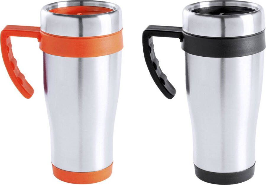 Merkloos Warmhoudbekers thermos isoleer koffiebekers mokken 2x stuks RVS zwart en oranje 450 ml Thermosbeker