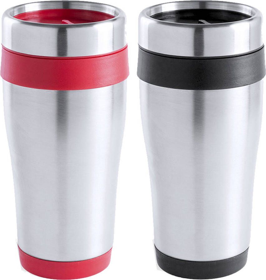 Merkloos Warmhoudbekers thermos isoleer koffiebekers mokken 2x stuks RVS zwart en rood 450 ml Thermosbeker