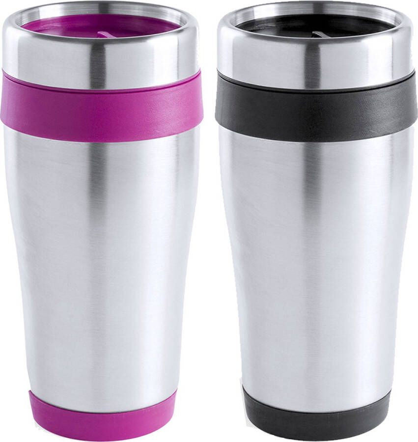 Merkloos Warmhoudbekers thermos isoleer koffiebekers mokken 2x stuks RVS zwart en roze 450 ml Thermosbeker