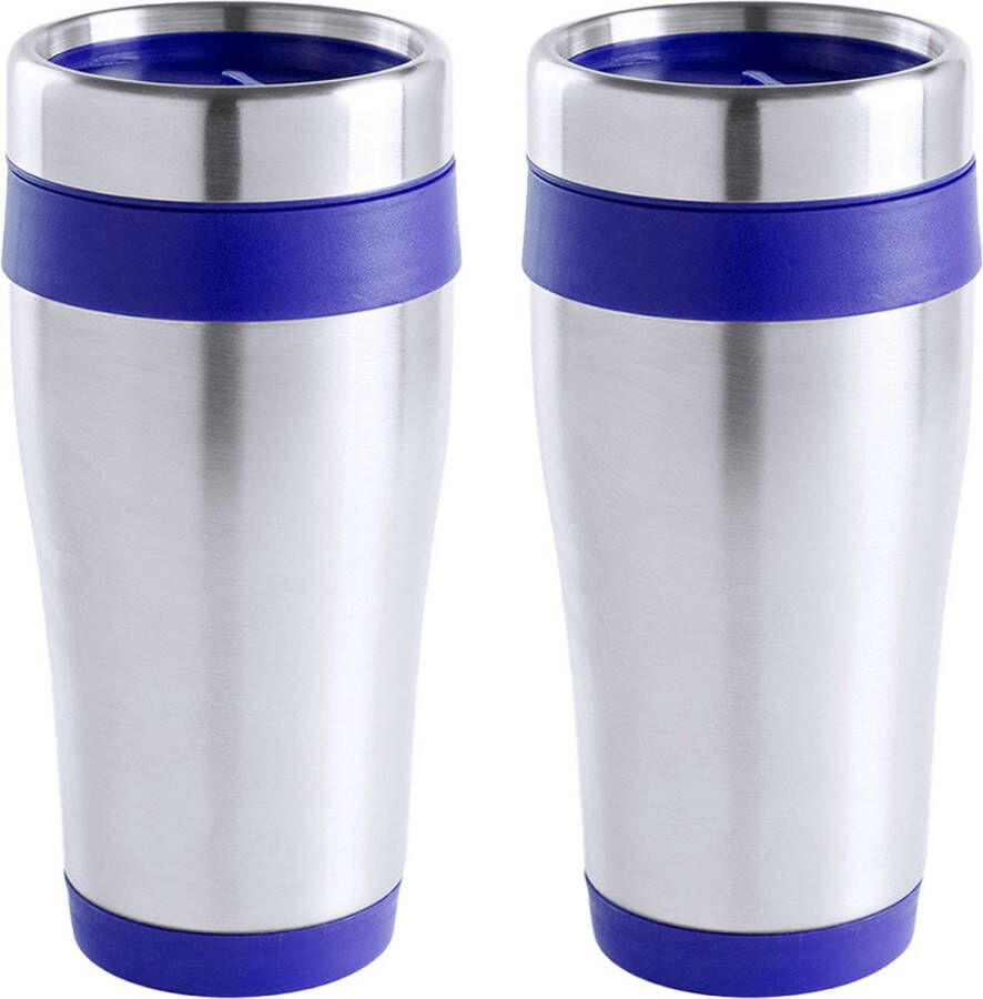 Warmhoudbeker thermos isoleer koffiebeker mok 2x RVS zilver blauw 450 ml Reisbeker