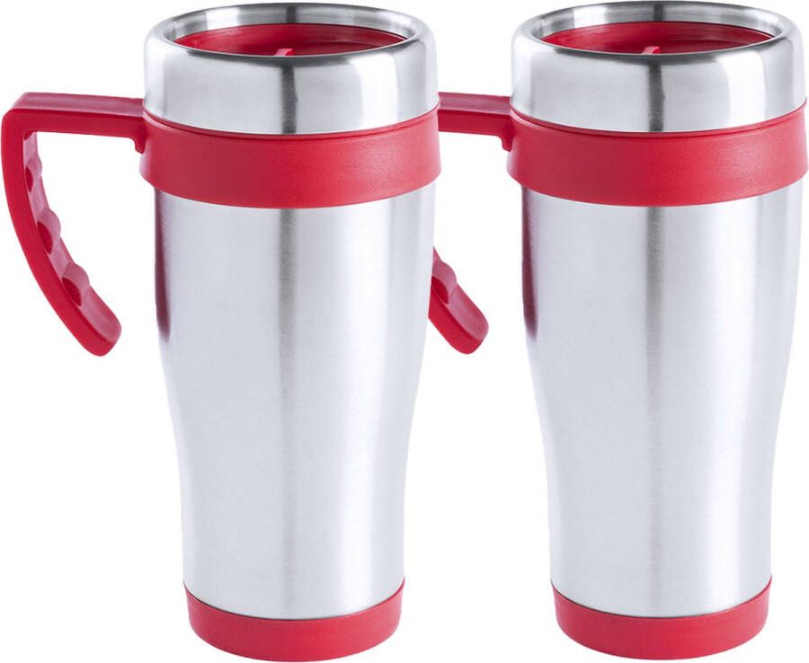 Warmhoudbeker thermos isoleer koffiebeker mok 2x RVS zilver metallic rood 450 ml Reisbeker