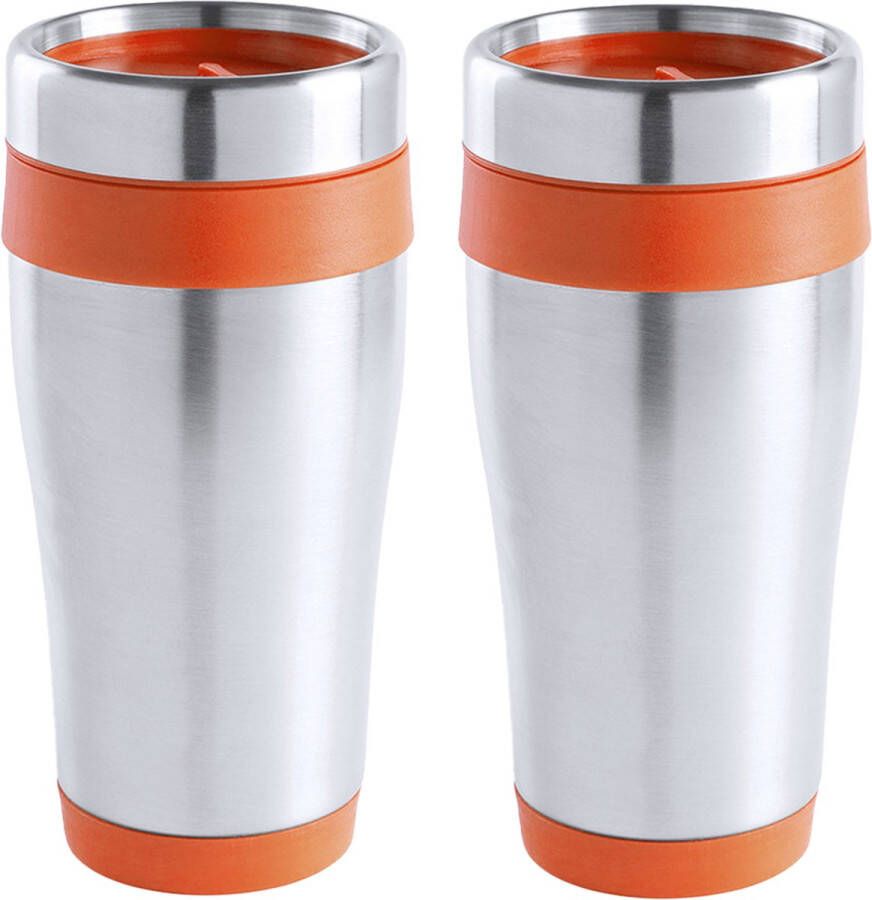 Warmhoudbeker thermos isoleer koffiebeker mok 2x RVS zilver oranje 450 ml Reisbeker