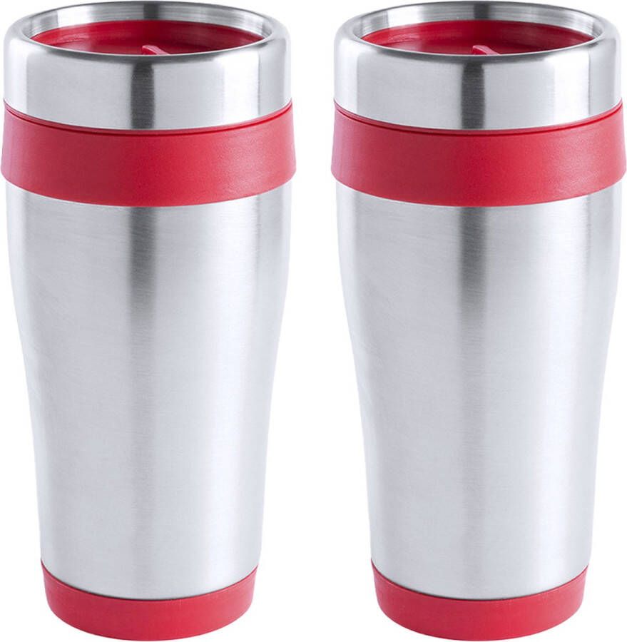 Warmhoudbeker thermos isoleer koffiebeker mok 2x RVS zilver rood 450 ml Reisbeker