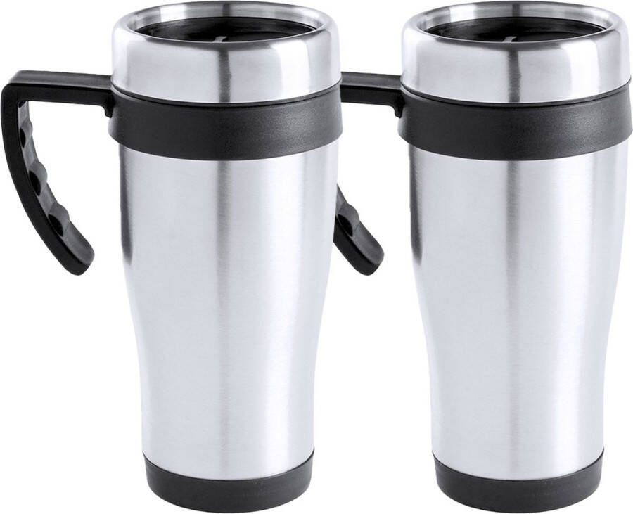 Warmhoudbeker thermos isoleer koffiebeker mok 2x RVS zilver zwart 450 ml Reisbeker