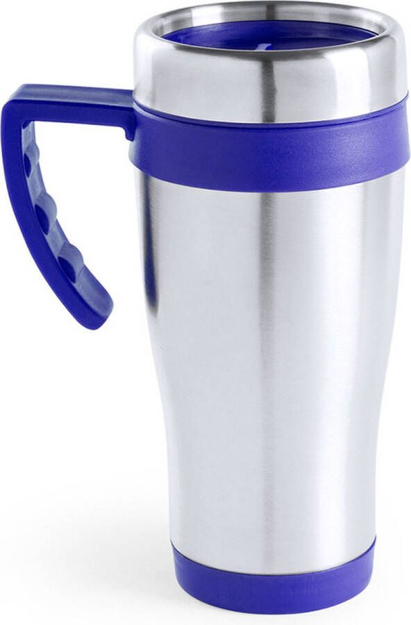 Merkloos Warmhoudbeker thermos isoleer koffiebeker mok RVS zilver blauw 450 ml Thermosbeker