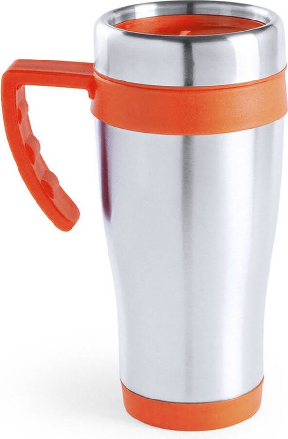 Merkloos Warmhoudbeker thermos isoleer koffiebeker mok RVS zilver oranje 450 ml Thermosbeker