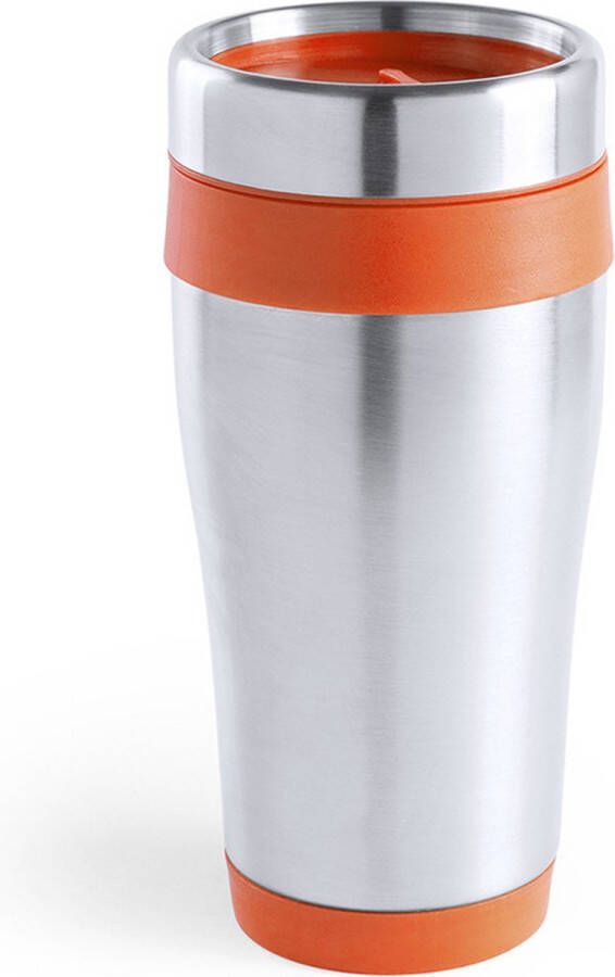 Merkloos Warmhoudbeker thermos isoleer koffiebeker mok RVS zilver oranje 450 ml Thermosbeker