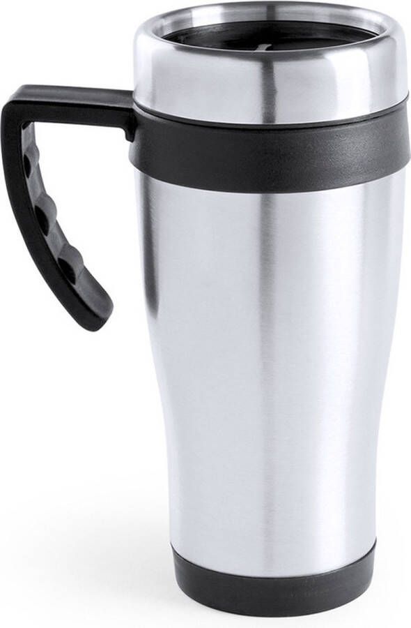 Merkloos Warmhoudbeker thermos isoleer koffiebeker mok RVS zilver zwart 450 ml Thermosbeker