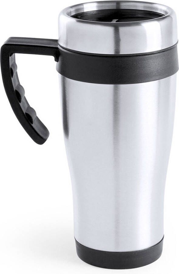 Merkloos Warmhoudbeker thermos isoleer koffiebeker mok RVS zilver zwart 450 ml Thermosbeker