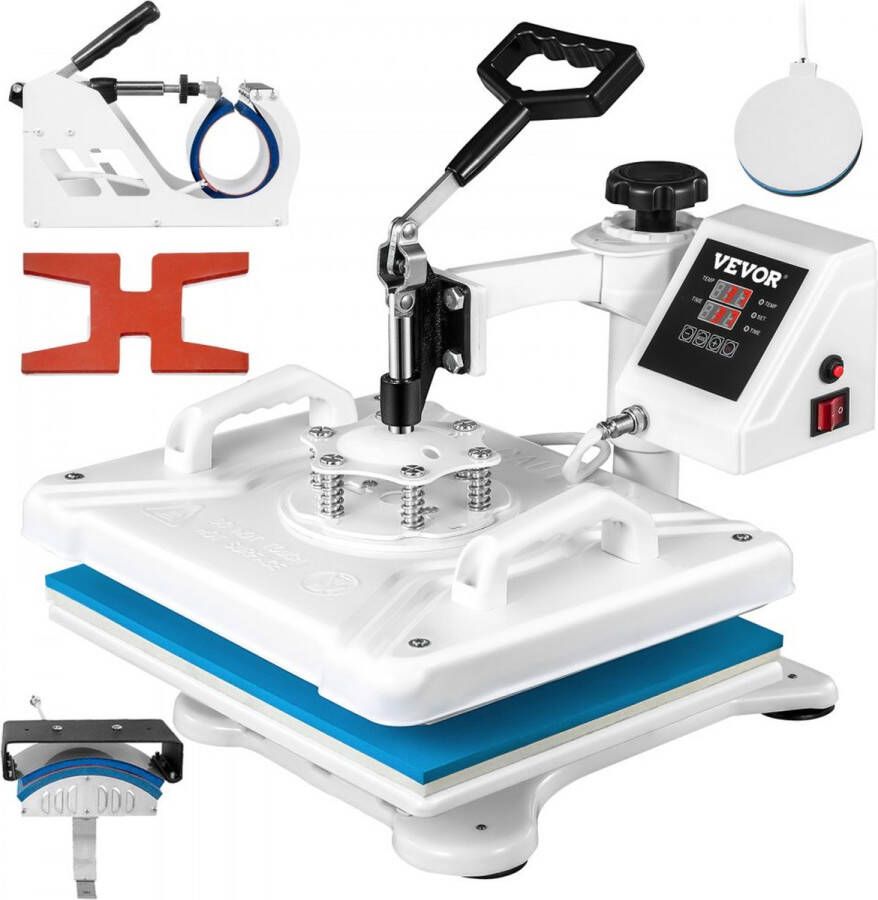 Warmte Persmachine Transferpers Hittepers 5in1 Heat Press 30 x 38 cm met T-Shirt Mokken Hoed Schoenpers Wit