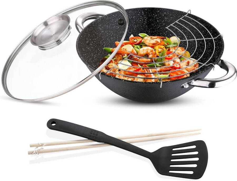 Wasabi Wokpan met Marmeren Coating en Glazen Deksel Gietijzeren Wok voor Inductiekookplaten