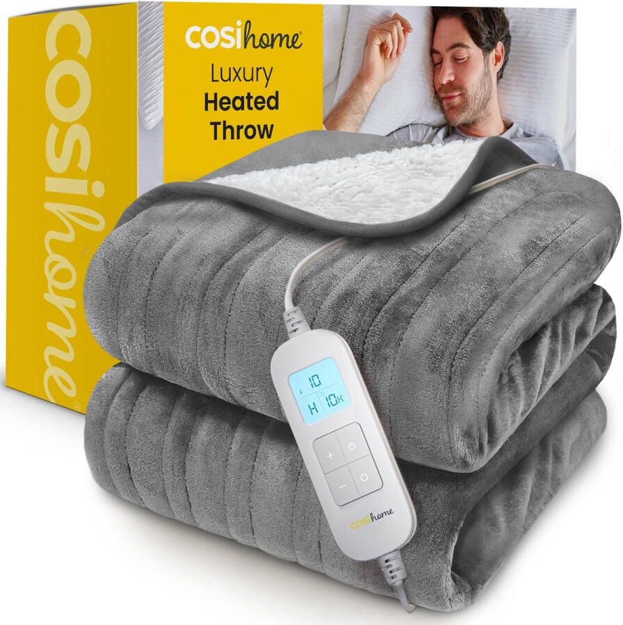 Wasbare Elektrisch Deken 180x130cm Oververhittingsbeveiling & Afstandsbediening Fleece Warmtedeken 2 Persoons Bovendeken Incl. Timer & 10 Temperatuurstanden Grijs