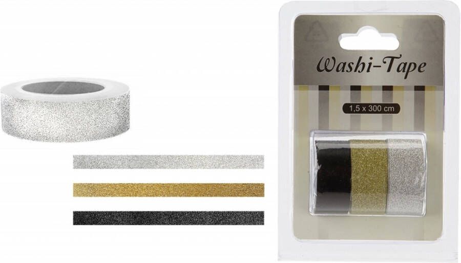 Washi tape met glitters 3 stuks Washitape zwart goud zilver 3x