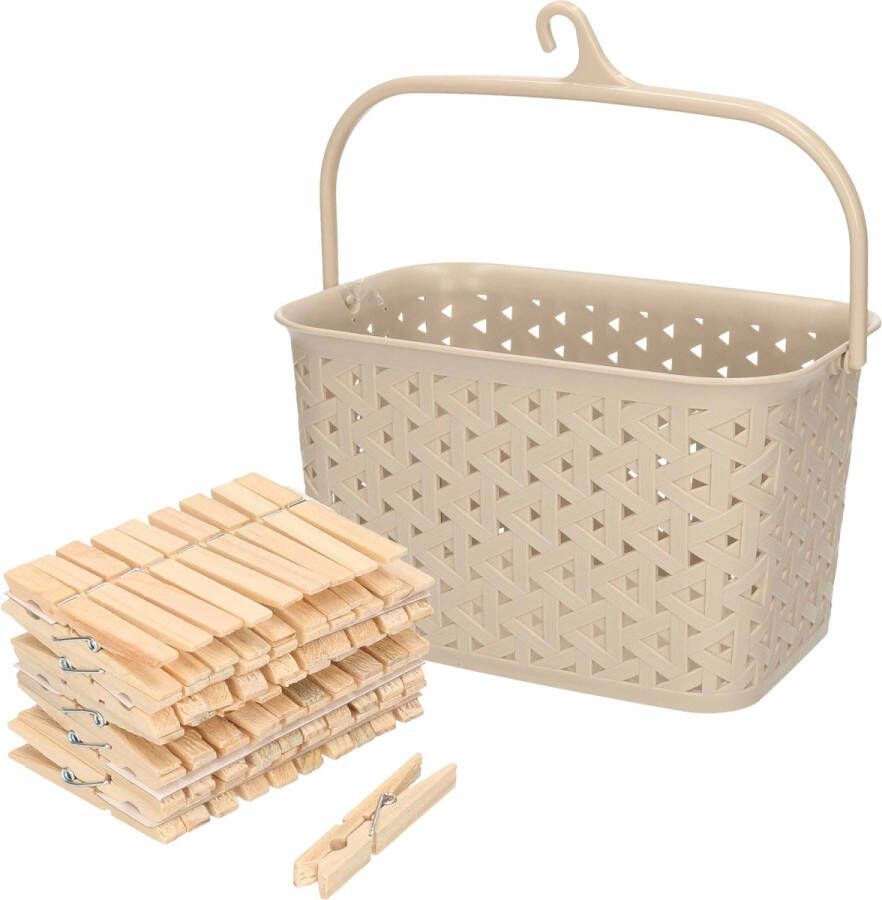 Merkloos Wasknijpers mandje met ophanghaak beige gevuld met 100x houten wasknijpers van 7 cm knijperszakken