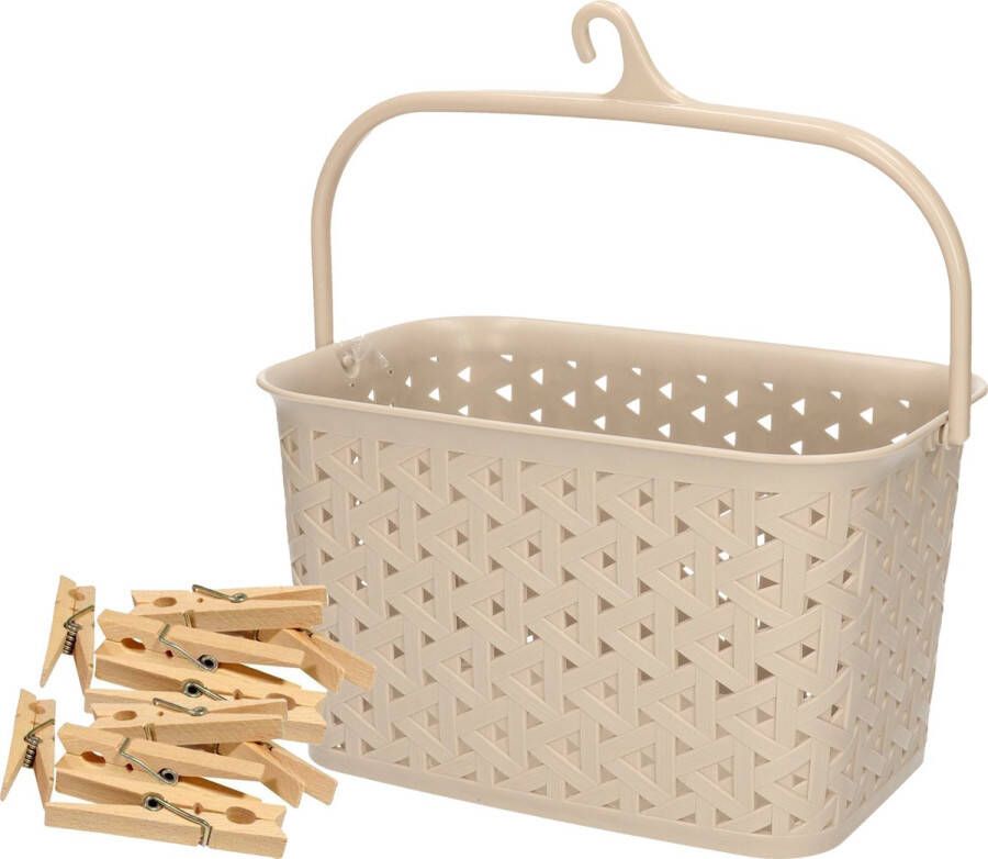 Merkloos Wasknijpers mandje met ophanghaak beige gevuld met 96x houten wasknijpers van 7 cm knijperszakken