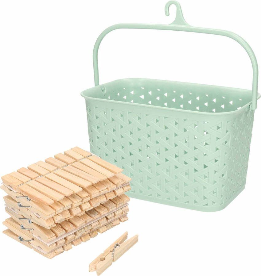 Merkloos Wasknijpers mandje met ophanghaak groen gevuld met 100x houten wasknijpers van 7 cm knijperszakken
