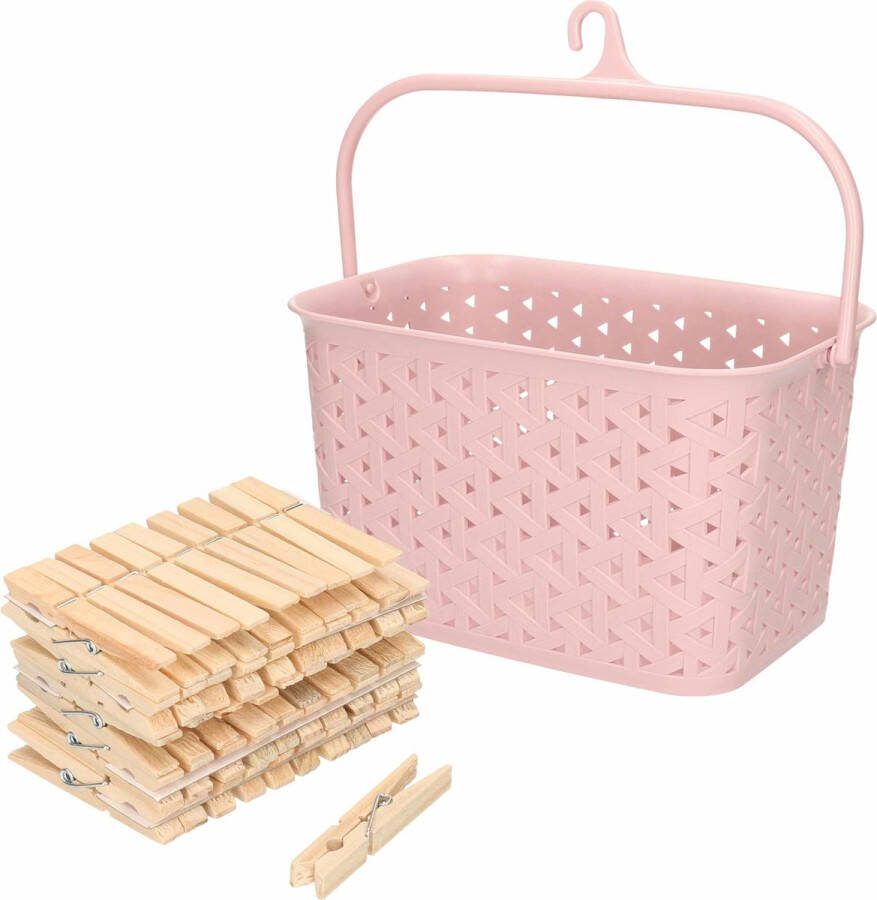 Merkloos Wasknijpers mandje met ophanghaak roze gevuld met 100x houten wasknijpers van 7 cm knijperszakken
