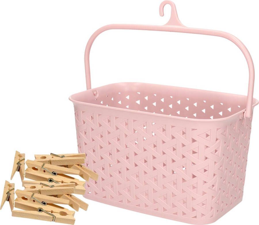 Merkloos Wasknijpers mandje met ophanghaak roze gevuld met 96x houten wasknijpers van 7 cm knijperszakken