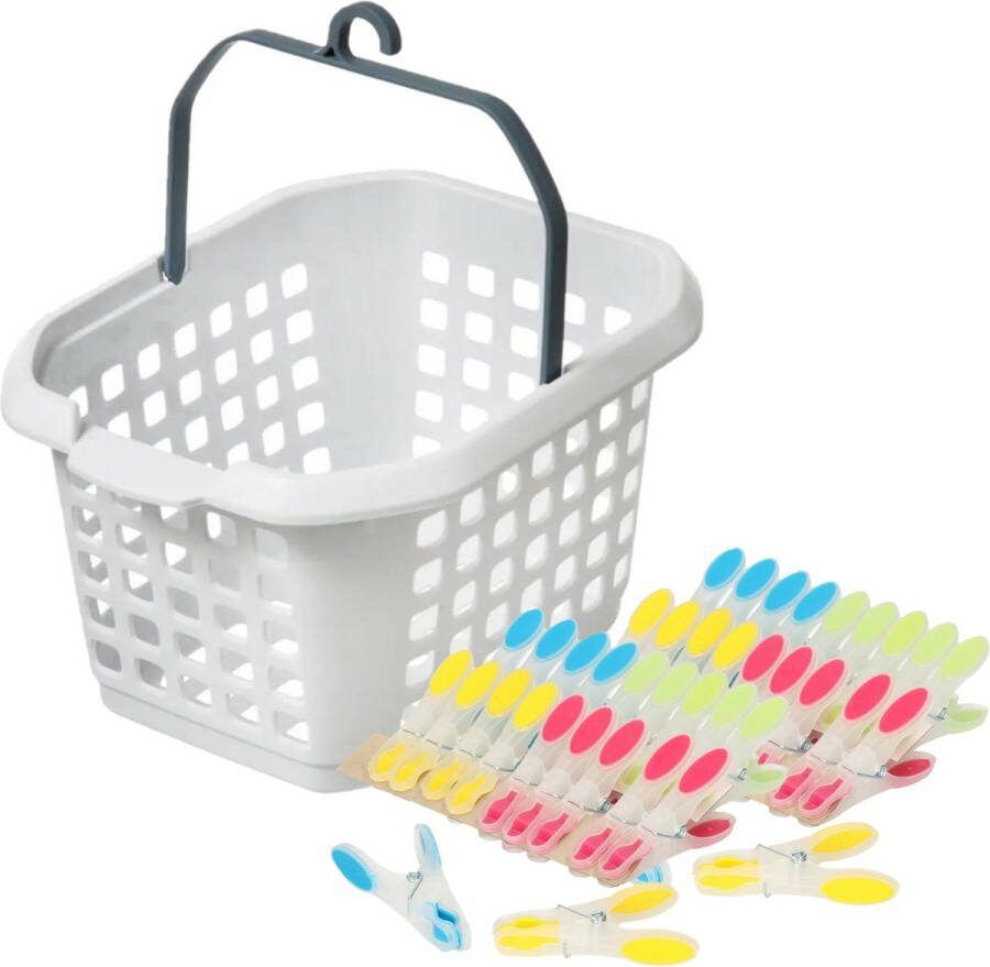 Merkloos Wasknijpers ophang mandje bakje wit met 40x plastic soft grip knijpers knijperszakken