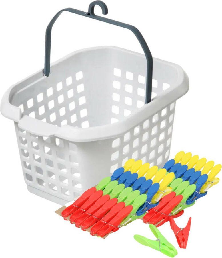 Merkloos Wasknijpers ophang mandje bakje wit met 56x plastic soft grip knijpers knijperszakken