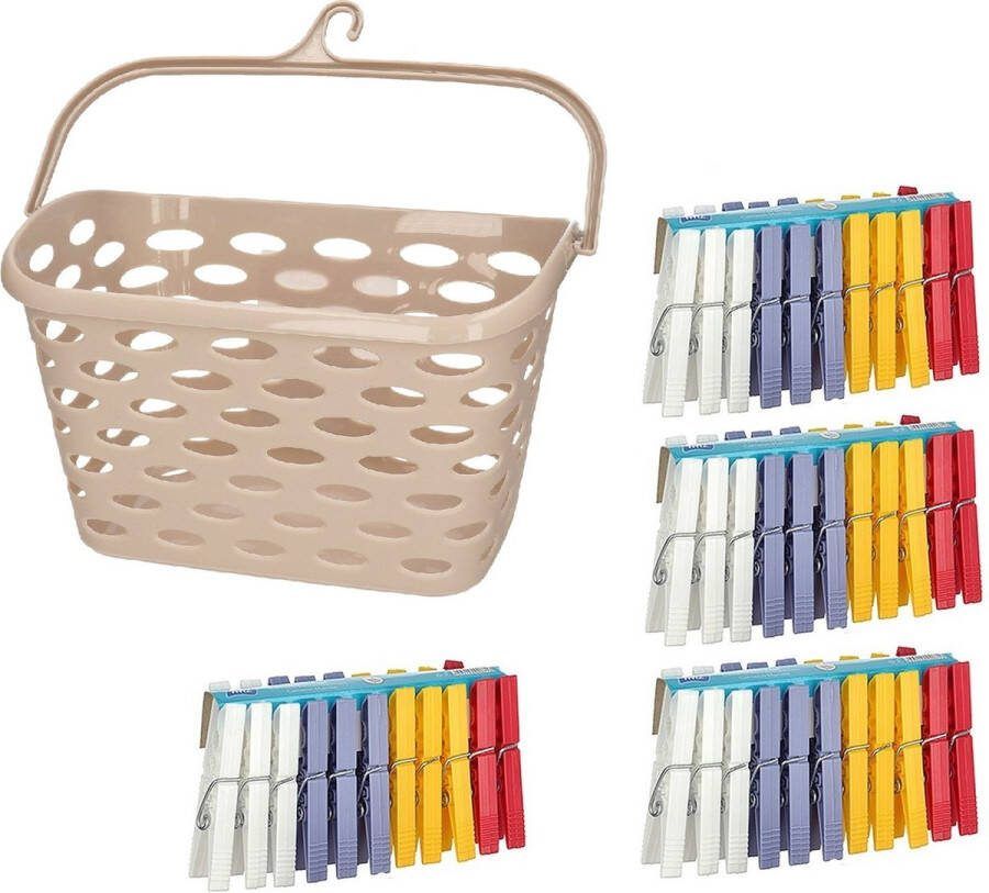Merkloos Wasknijpers ophangmandje met haak beige en 96x gekleurde wasknijpers van 7 5 cm knijperszakken