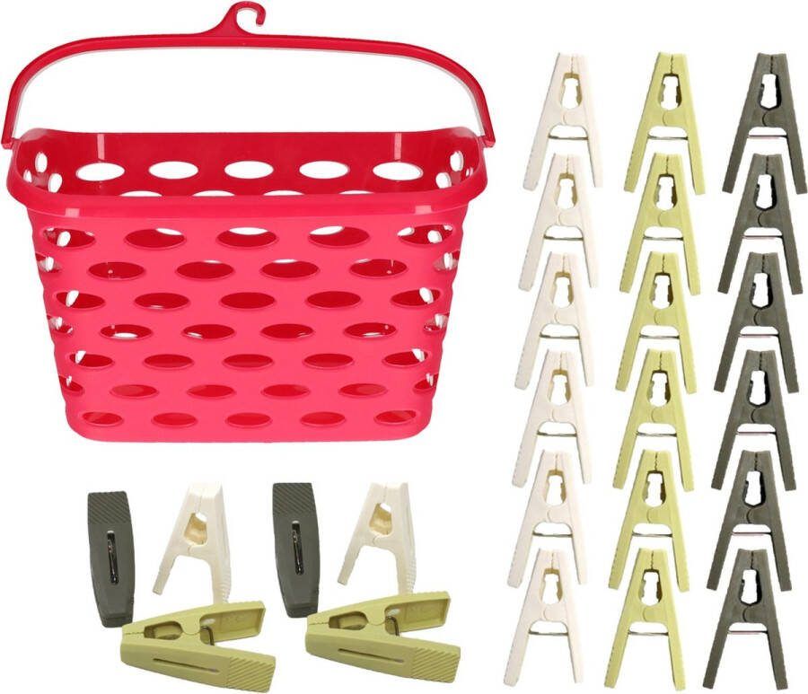 Merkloos Wasknijpers ophangmandje met haak fuchsia en 80x gekleurde wasknijpers van 6 cm knijperszakken