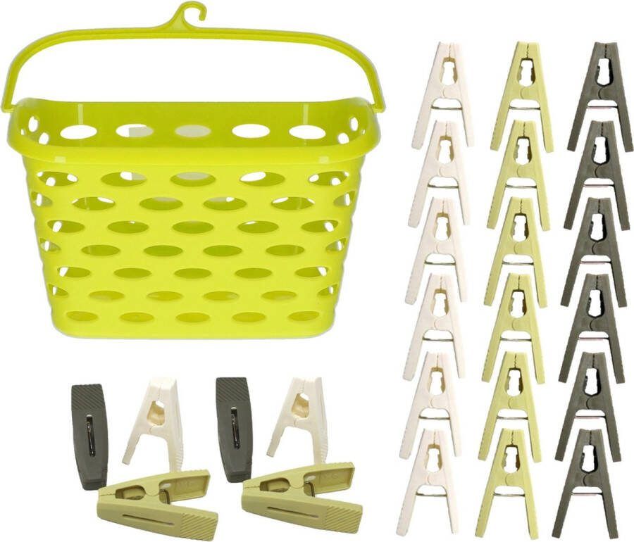 Merkloos Wasknijpers ophangmandje met haak groen en 80x gekleurde wasknijpers van 6 cm knijperszakken