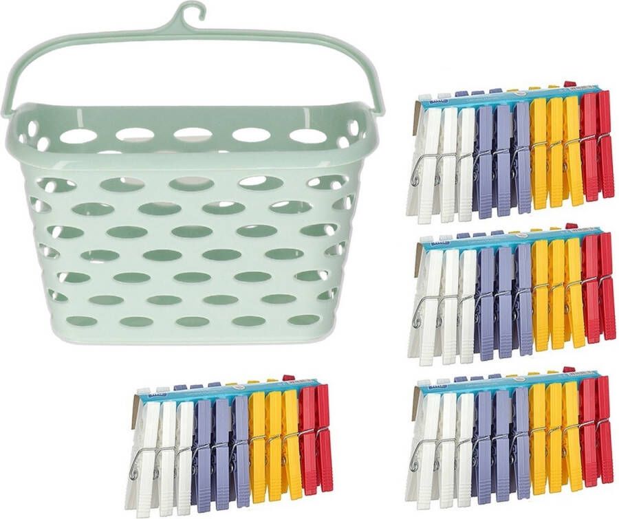 Merkloos Wasknijpers ophangmandje met haak mintgroen en 96x gekleurde wasknijpers van 8 cm knijperszakken