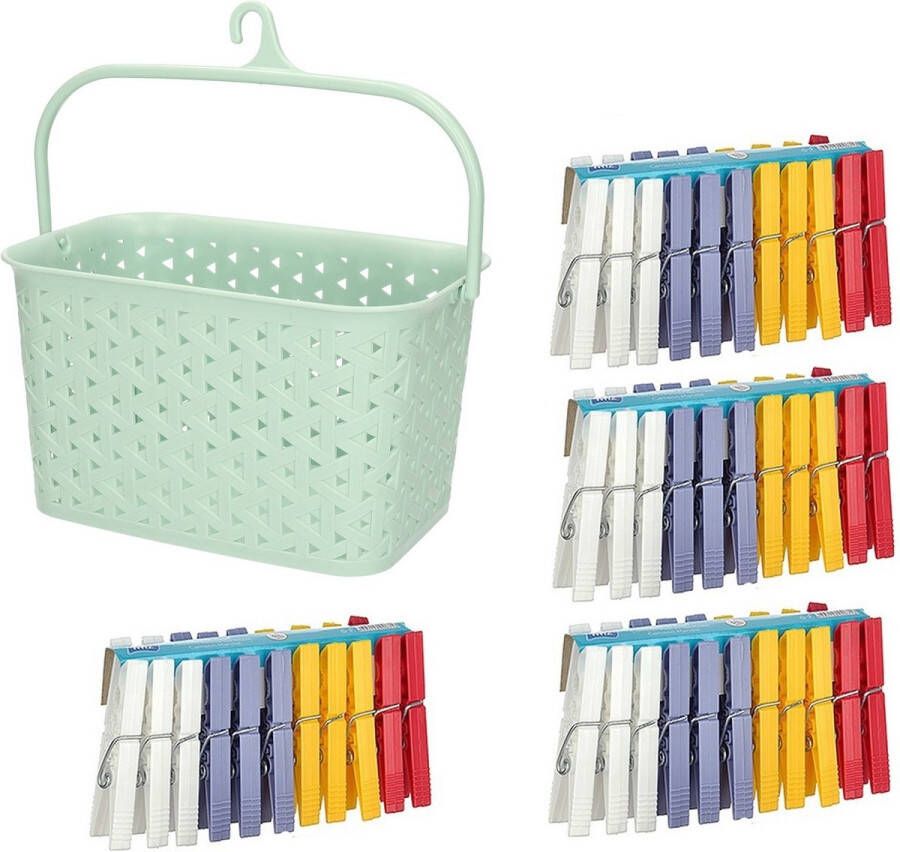 Merkloos Wasknijpers ophangmandje met haak mintgroen en 96x gekleurde wasknijpers van 8 cm knijperszakken