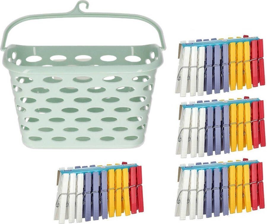 Merkloos Wasknijpers ophangmandje met haak mintgroen en 96x gekleurde wasknijpers van 7 5 cm knijperszakken