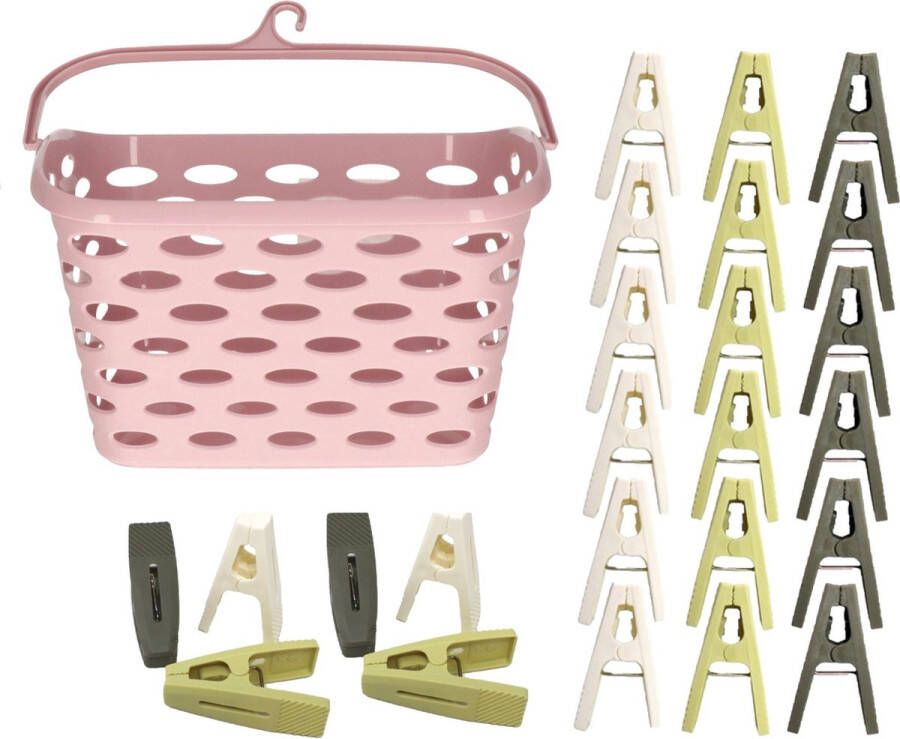 Merkloos Wasknijpers ophangmandje met haak roze en 80x gekleurde wasknijpers van 6 cm knijperszakken