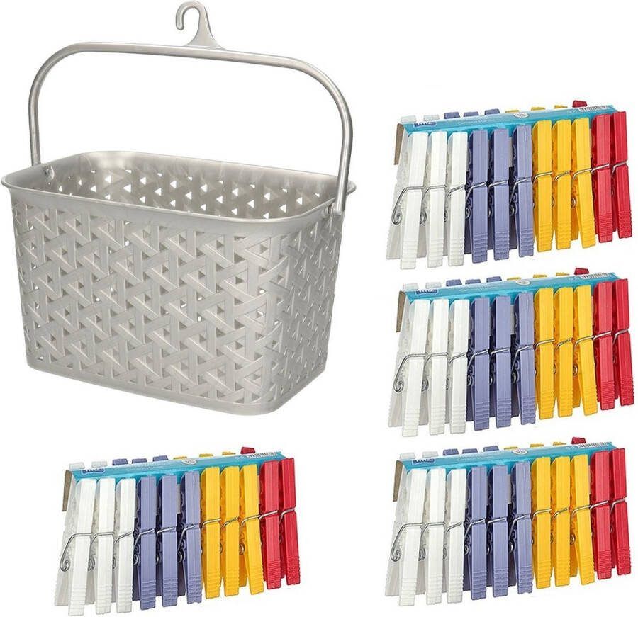 Merkloos Wasknijpers ophangmandje met haak zilver en 96x gekleurde wasknijpers van 7 5 cm knijperszakken