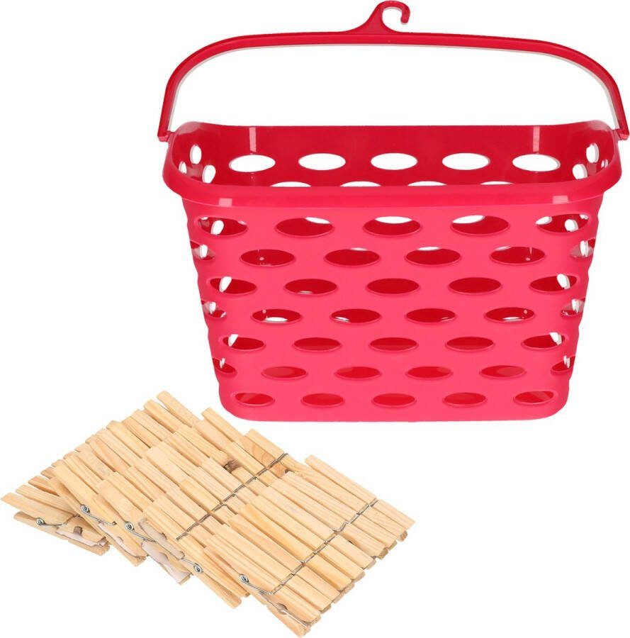 Merkloos Wasknijpersmandje met haak fuchsia roze en 100x houten wasknijpers 7 cm Knijpers