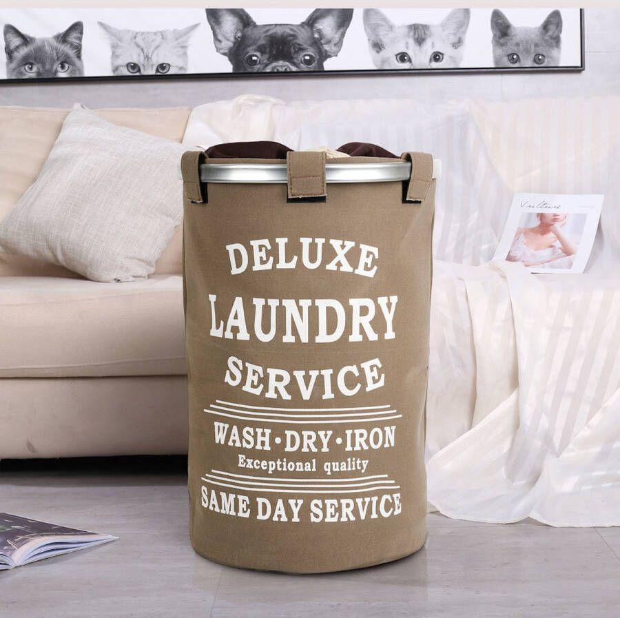 Merkloos Sans marque Decopatent Wasmand 50L Rond Tekst Deluxe Laundry Service -> Same Day Service- Badkamer Wasmand afsluitbaar Waszak Bruin