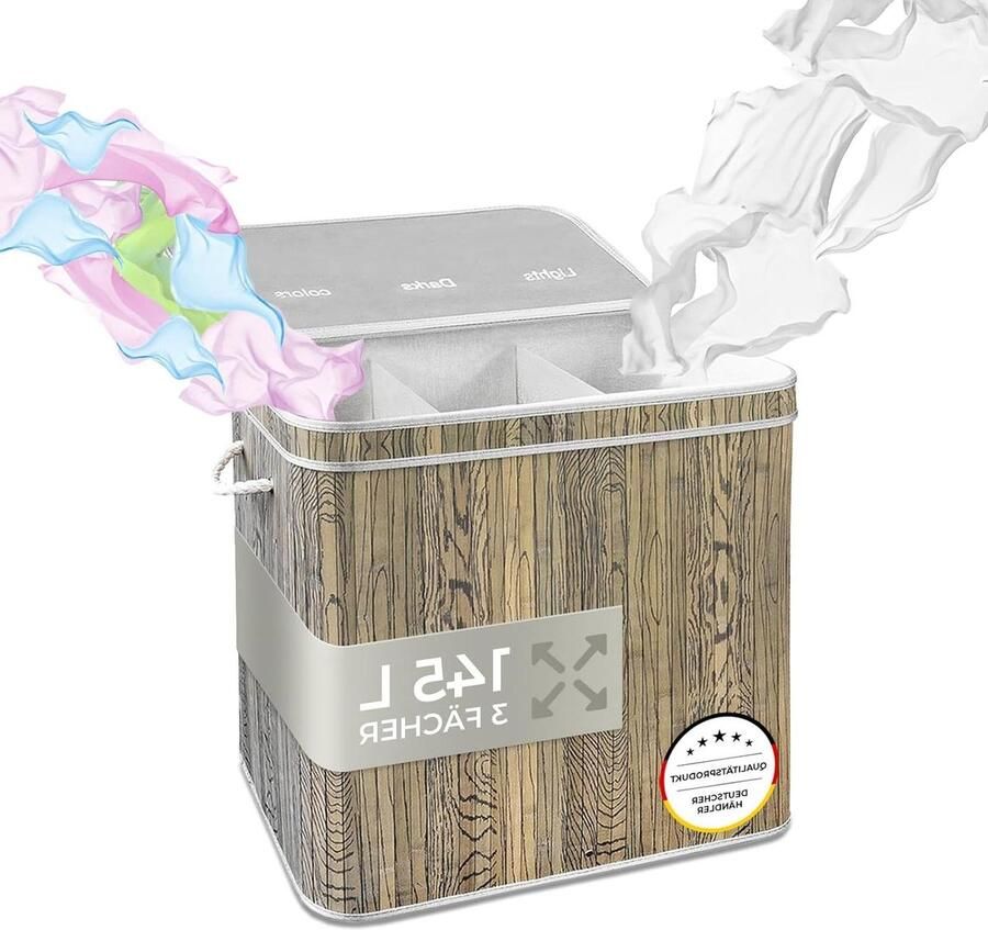 Wasmand Camps Bay van bamboe met deksel wasorteerder badkamer organiser naturel grijs