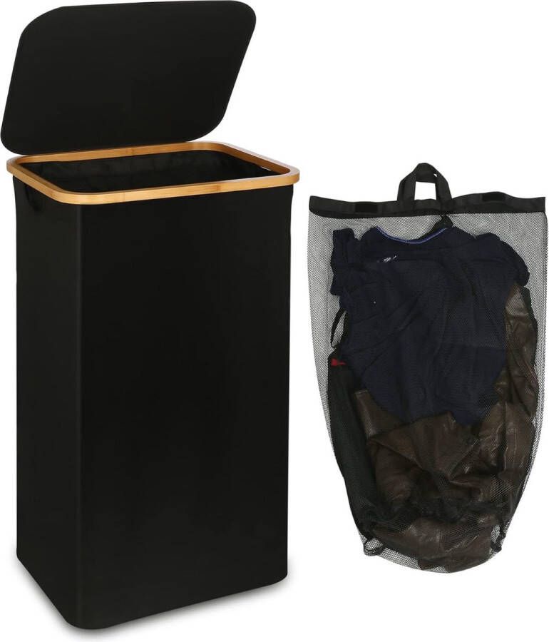Wasmand met deksel 100 liter hoge wasmand met bamboe handvat en binnenzak opvouwbare grote XXL wasmandverzamelaar Laundry Baskets voor slaapkamer badkamer zwart