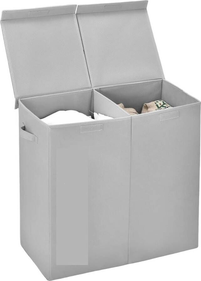 Wasmand met deksel 105 liter wasverzamelaar 2 vakken wasbox van vliesstof met handgrepen 62 x 31 x 60 cm (grijs)