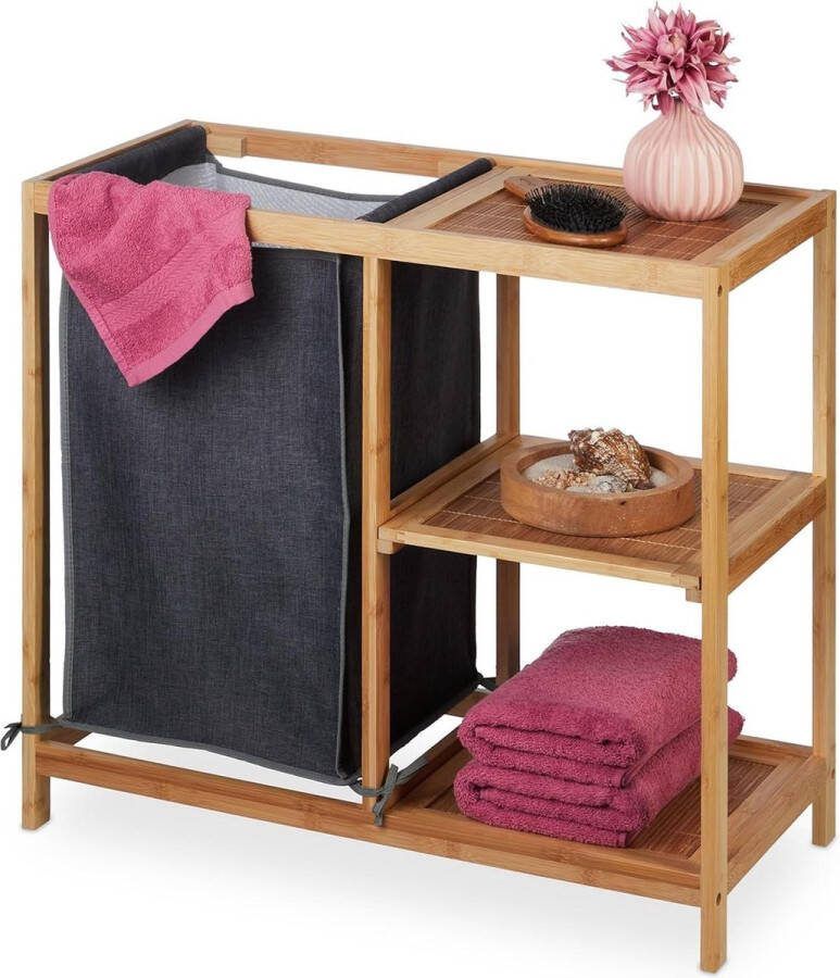 Wasmand rek bamboe planken 65x68x33 cm 50 liter badkamerrek natuur grijs met wasmand