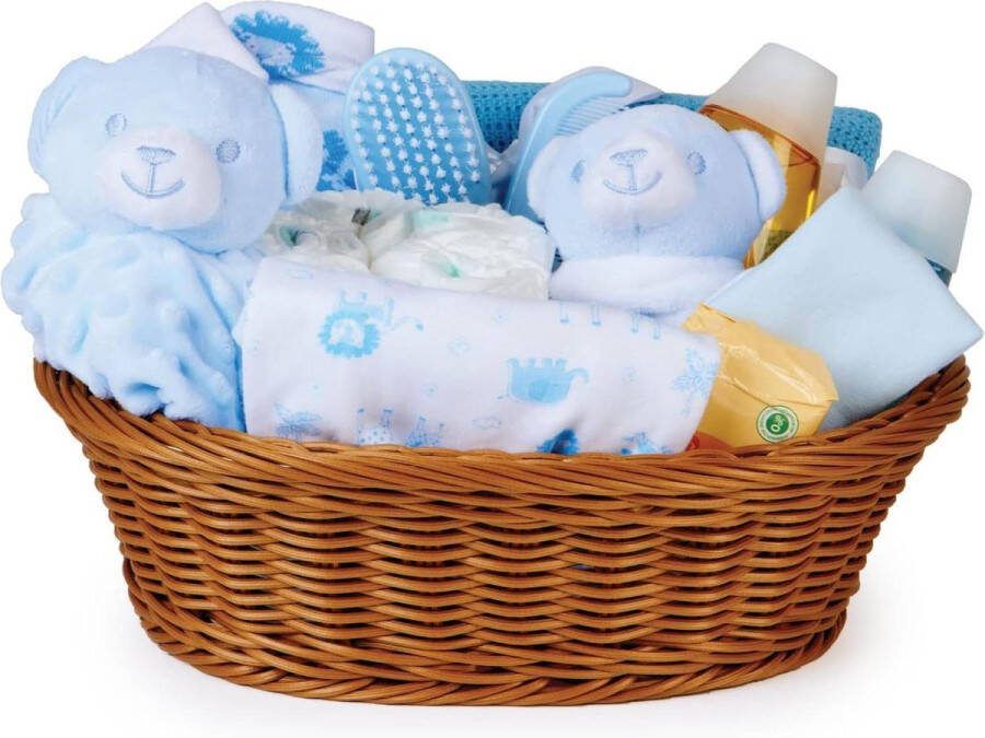 Wasmandje als Babycadeau voor jongen Babykleertjes Rammelaar Dekbed met Teddybeer Kraamcadeau met Babybenodigdheden