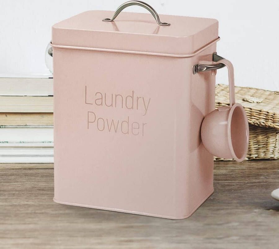 Waspoeder voor wasmiddel box wasmiddelbox met doseerlepel en schep waspoederdoos metalen opbergdoos 4 liter poeder opbergdoos (roze)