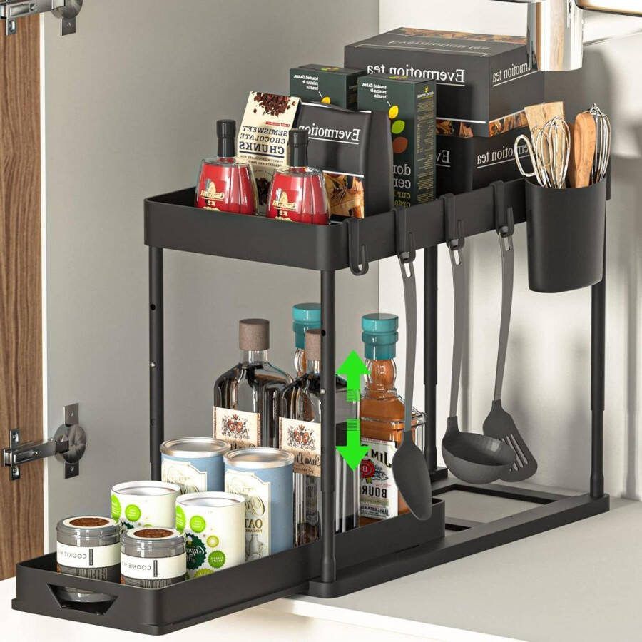 Wastafel rek keuken organizer 2 verdiepingen lade-organizer optilbare kastorganizer opbergdoos met haken en pads (zwart)