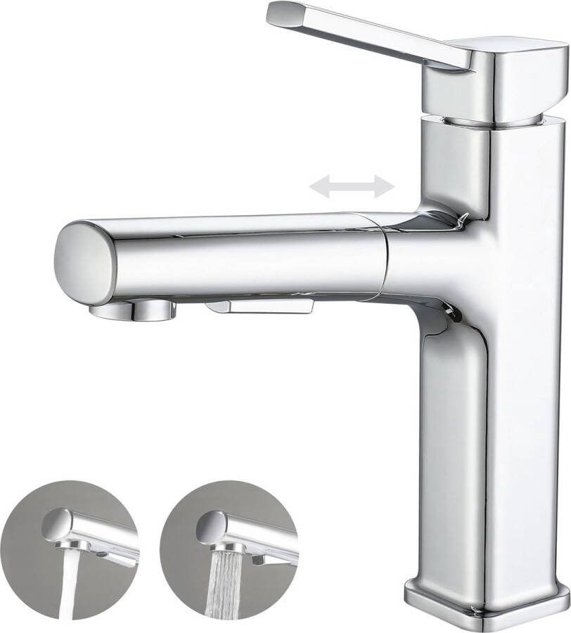Wastafelkraan met uittrekbare douche kraan badkamer met 2 waterstraalsoorten eengreepsmengkraan kraan van verchroomd messing gepolijst voor badkamer wastafel