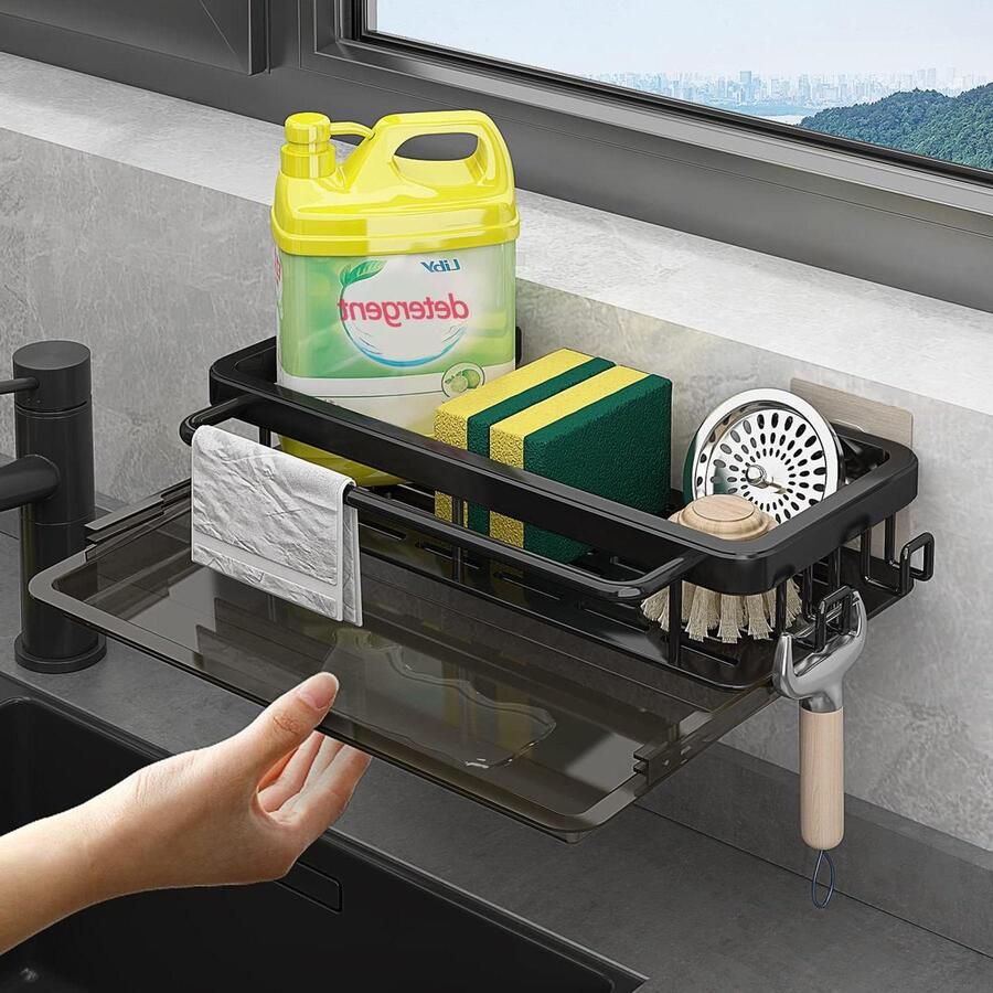 Wastafelorganizer met afvoerpan haak Hangend aan de muur Zelfklevend Voor keukenaccessoires Zwart Sink organizer