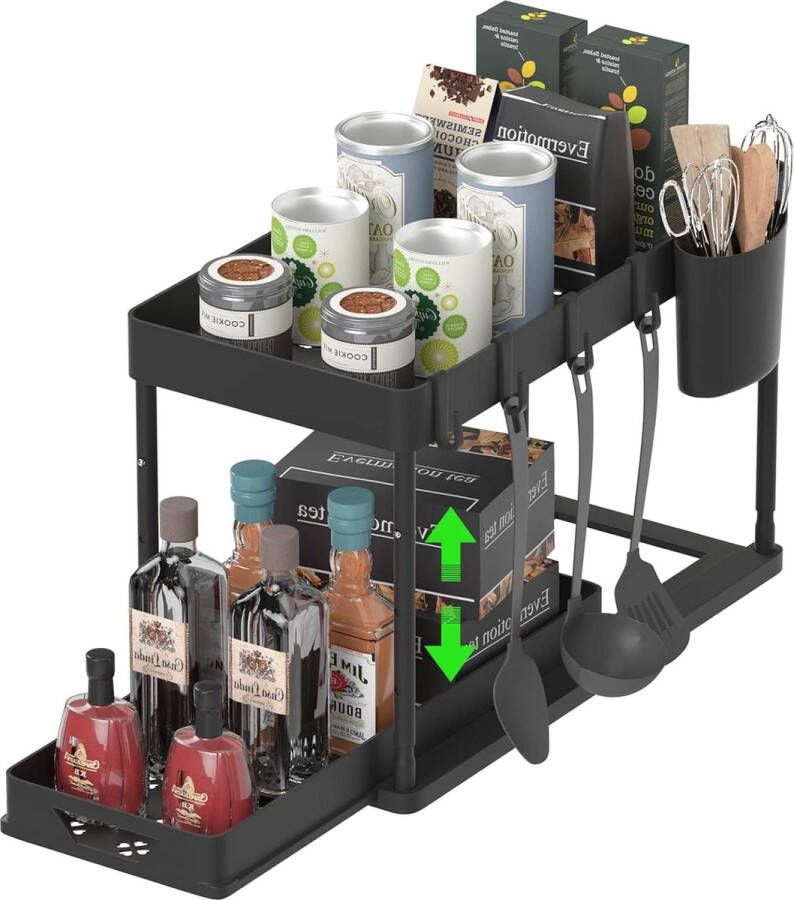 Wastafelrek voor de keuken met uittrekbare kastorganizer 2 verdiepingen 4 haken 1 hangbeker Sink organizer