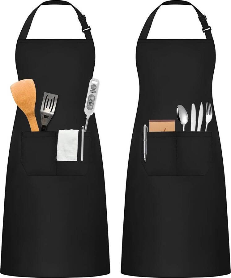 Waterafstotende Zwarte Keukenschort met Verstelbare Band en Opbergvakken voor Koken en BBQ