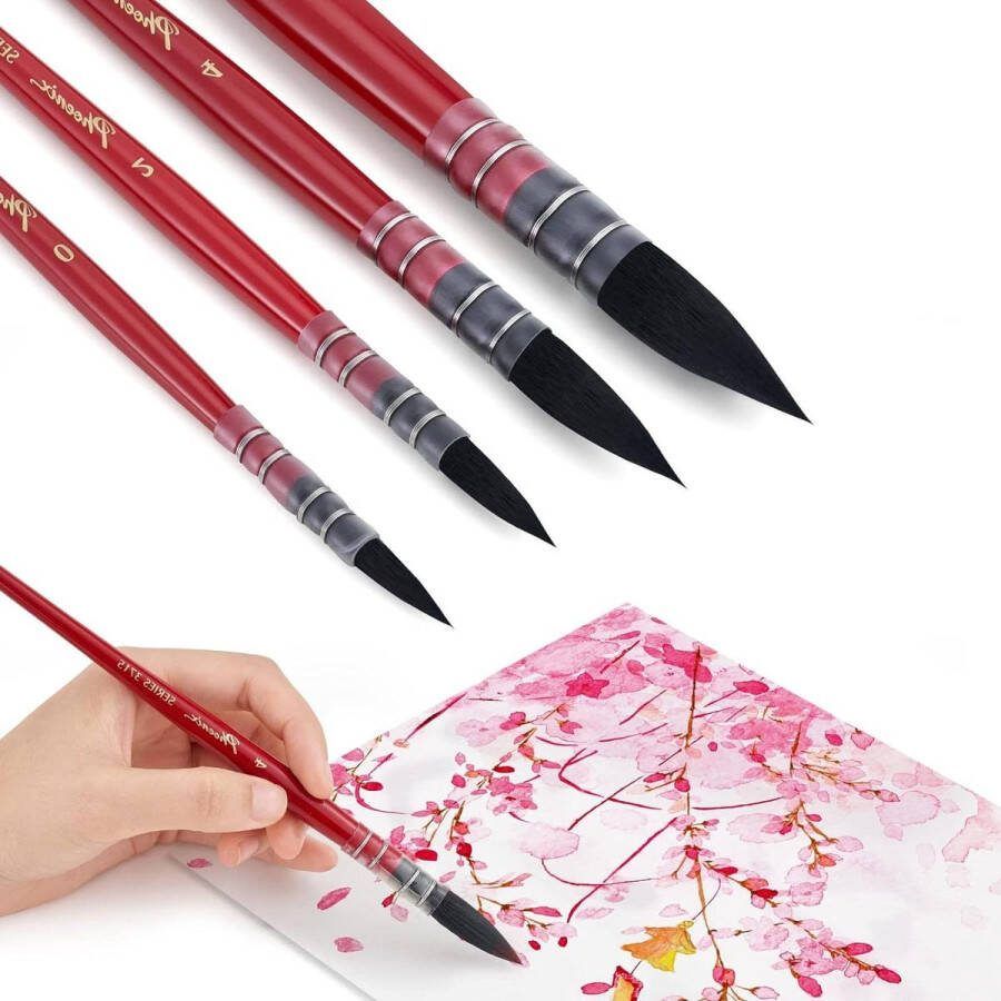Watercolour Brush Set 4 Piece Brush Set for Artists Adults and Hobbyists Pointed Round Mop Brush for Watercolor Painting