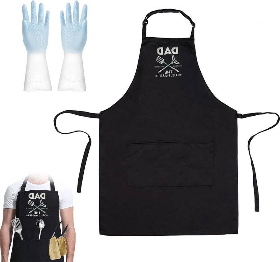 Waterdicht verstelbaar BBQ-schort heren met rubberen handschoenen grappige keukenschorten 3 zakken chef-cadeau zwart one size